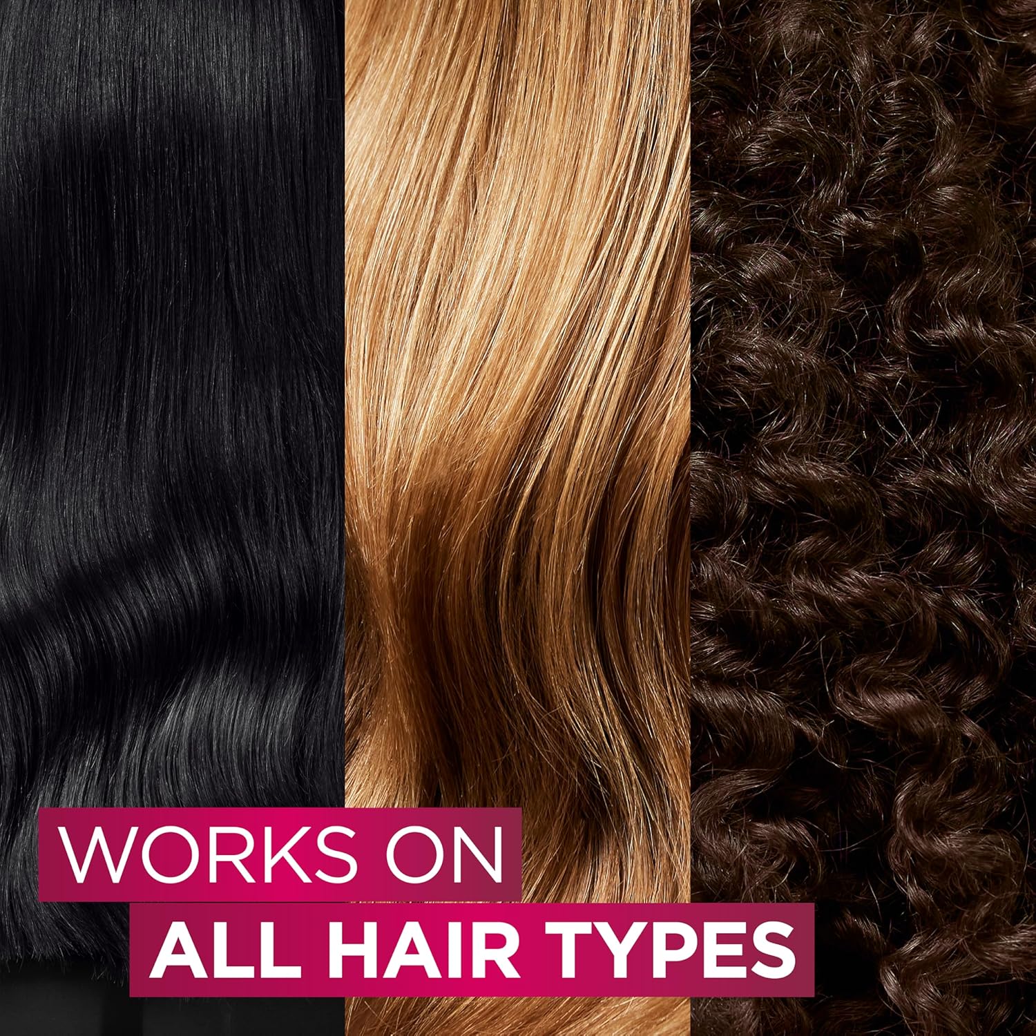 Highlights the versatility of the product by showing it works effectively on different hair textures and colors.
