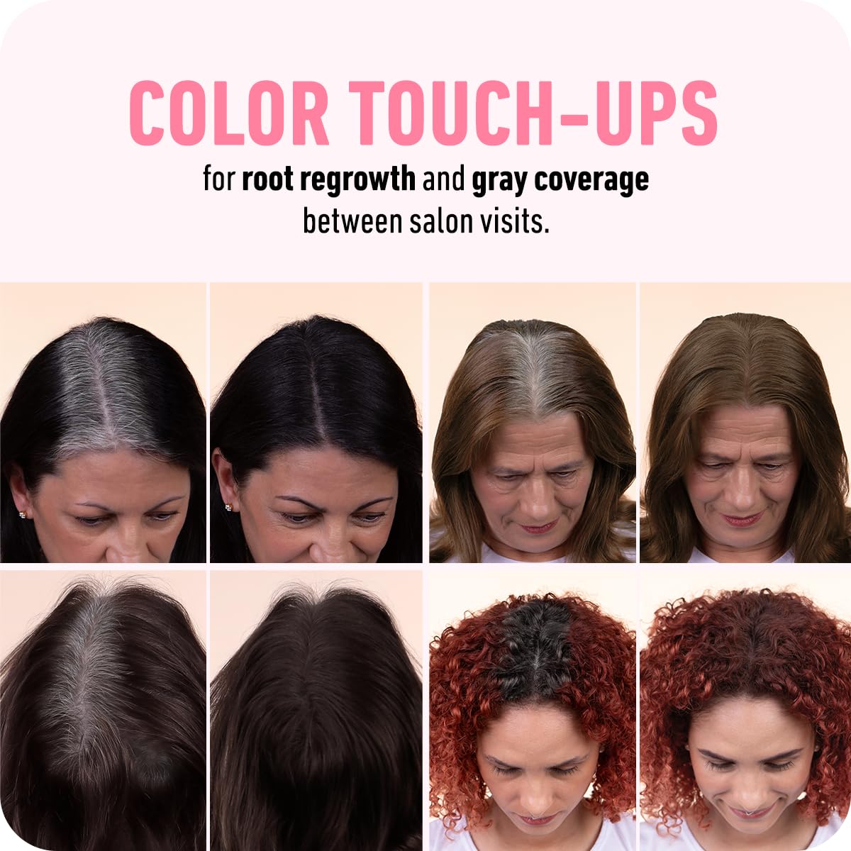 Showcases the product's ability to cover up root regrowth and gray hair between salon visits.