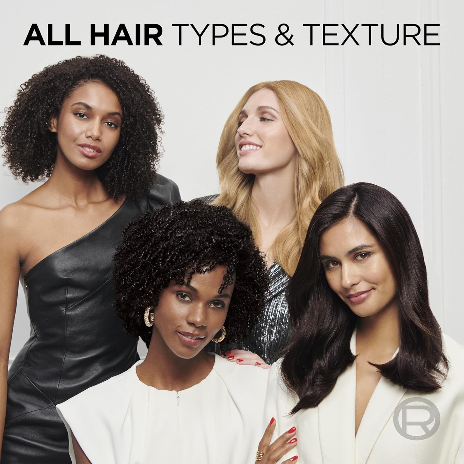 Showcases that the product works for different hair types and textures by displaying models with varying hair styles.
