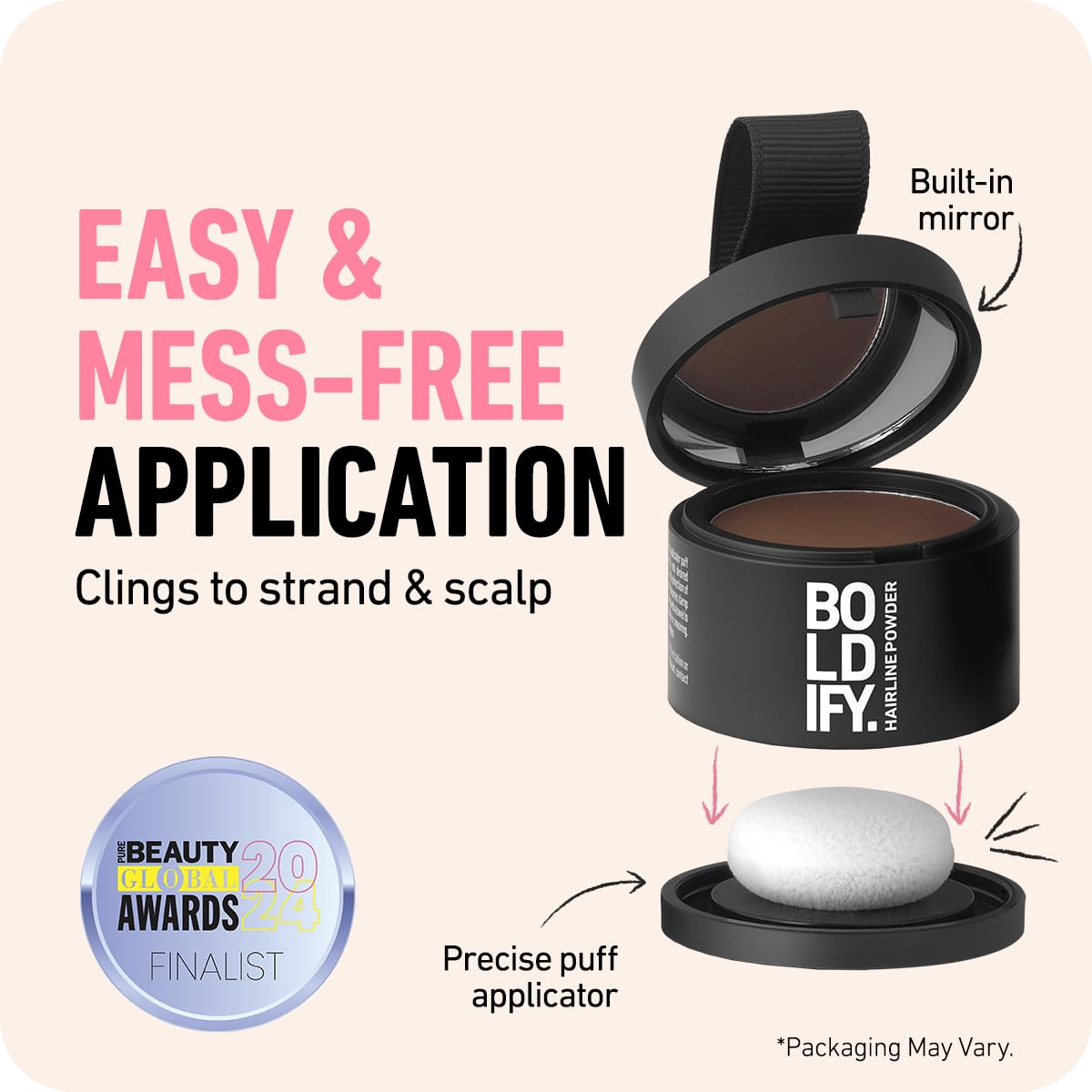 Highlights the product's easy and mess-free application method, built-in mirror, and precise puff applicator for convenient and clean usage.