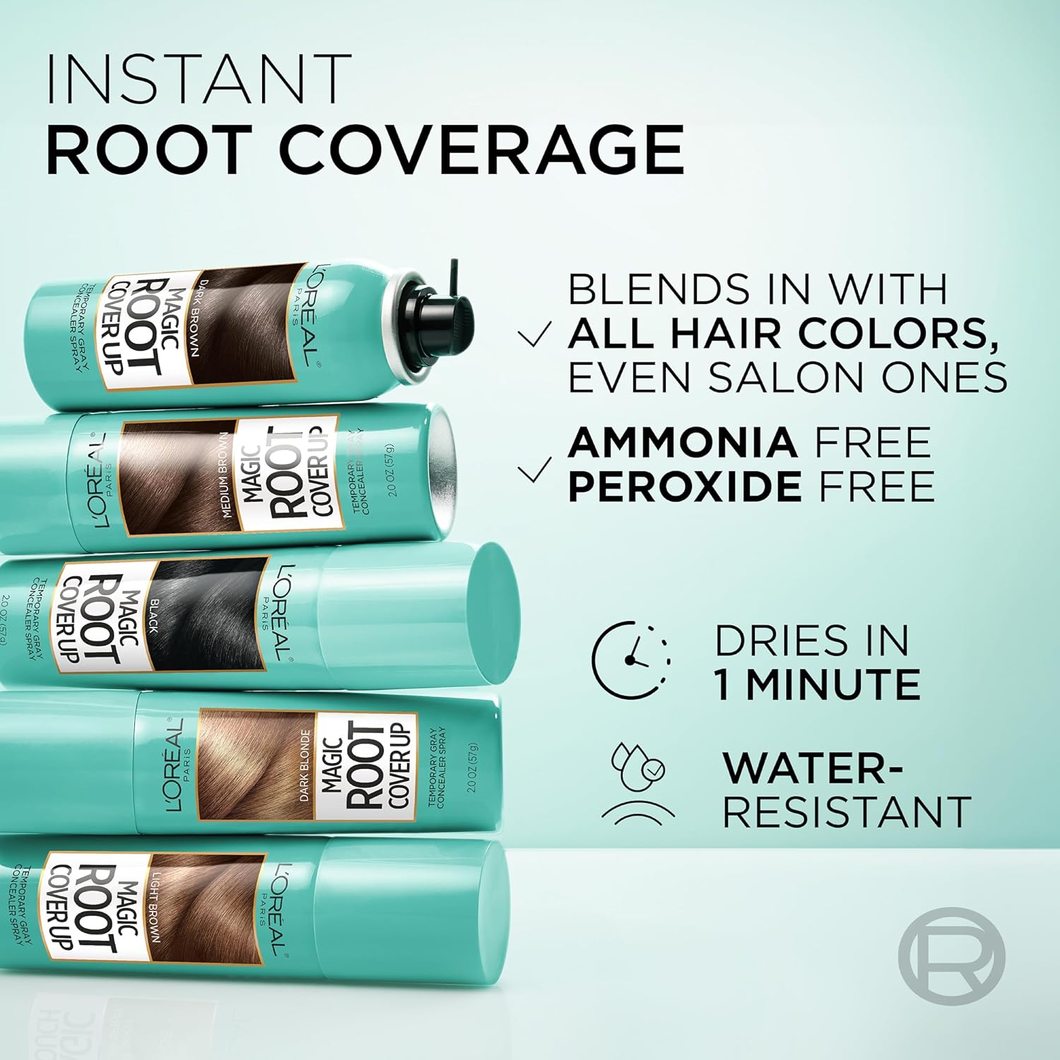 Highlights multiple key features and benefits of the root coverage product, including its ability to blend with any hair color, its gentle ammonia and peroxide-free formula, its fast 1-minute drying…