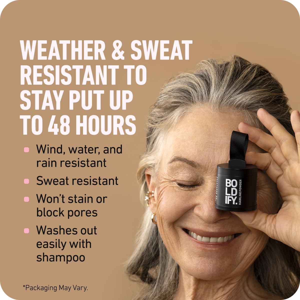 Highlights the product's ability to withstand weather conditions and sweat while providing long-lasting hold for up to 48 hours.