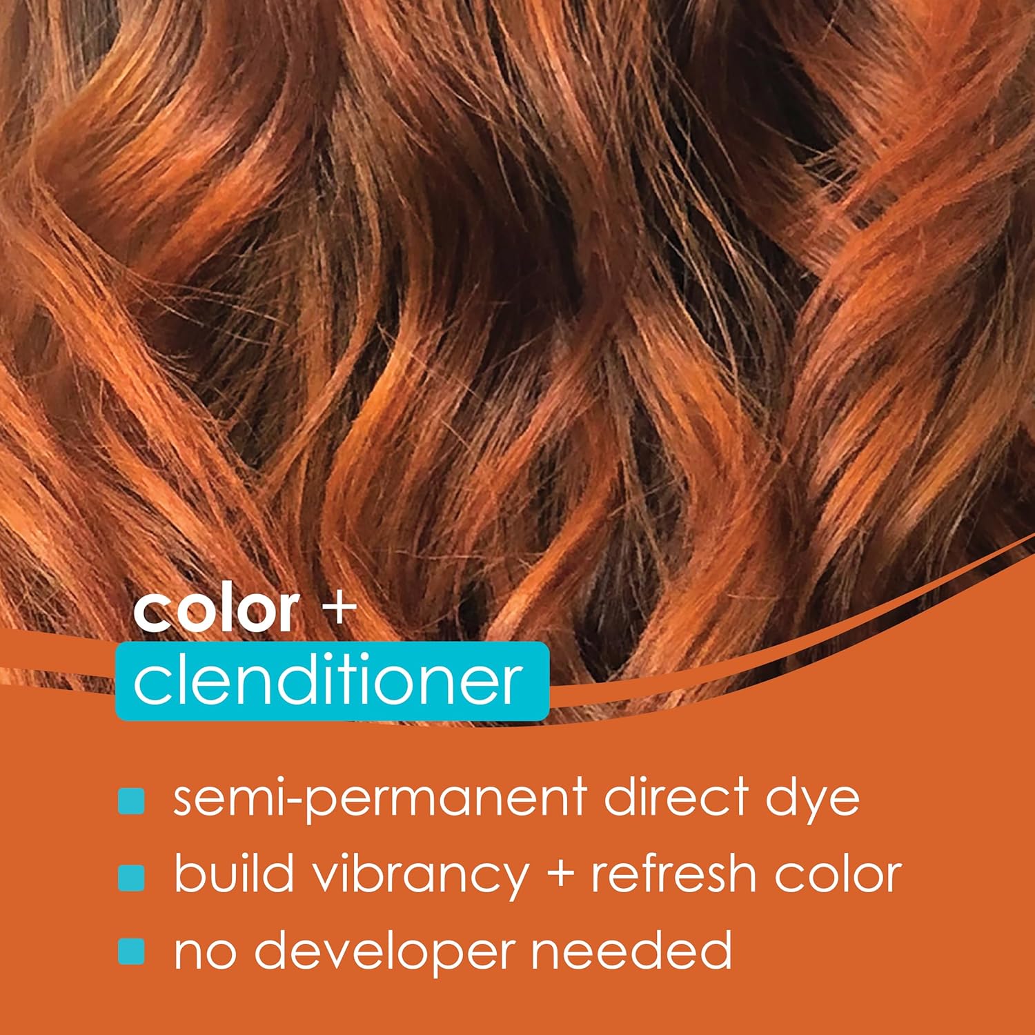 Highlights the key features and benefits of the color + conditioner product, including its semi-permanent direct dye formula, ability to build vibrancy and refresh color, and no need for a developer.