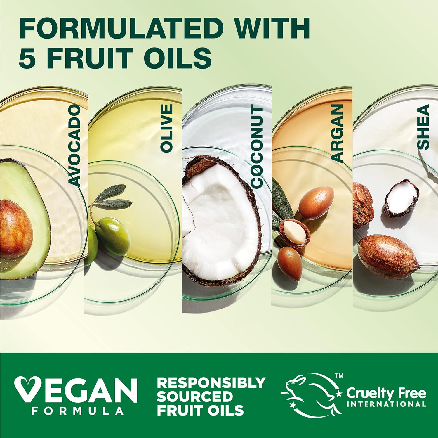 Highlights the product's natural, ethical, and vegan formulation using 5 different fruit oils that are responsibly sourced and cruelty-free.
