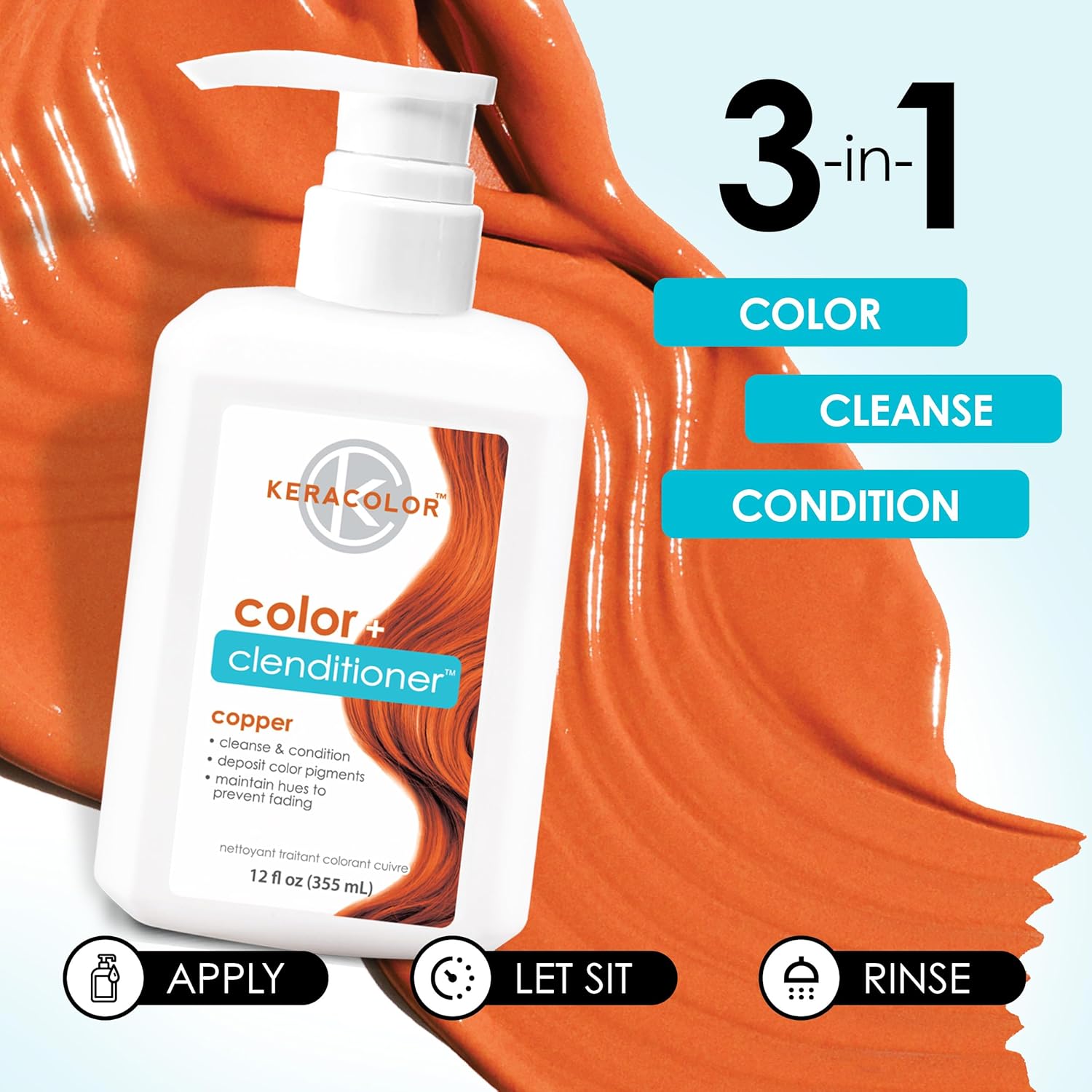 Explains the steps to use the 3-in-1 color, cleanse, and condition hair product.