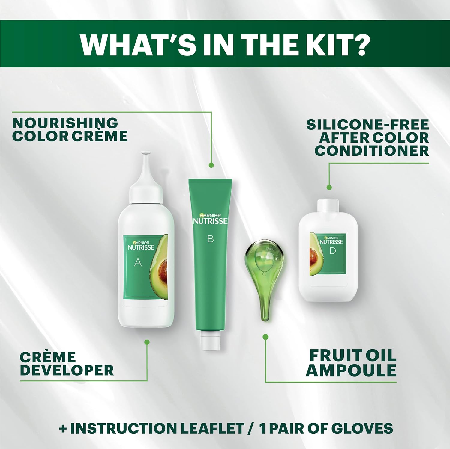Shows all the items included in the hair color kit to set expectations for what the customer will receive.