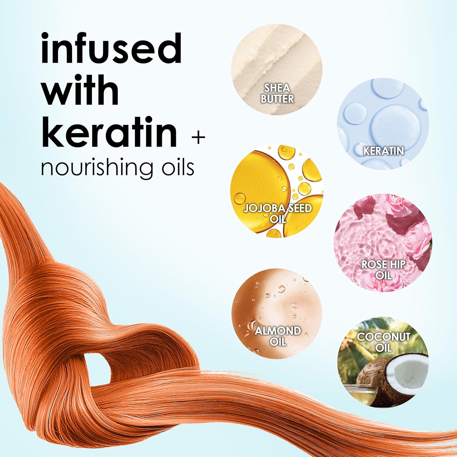Highlights the nourishing ingredients infused in the product to communicate its hair-strengthening and moisturizing benefits.