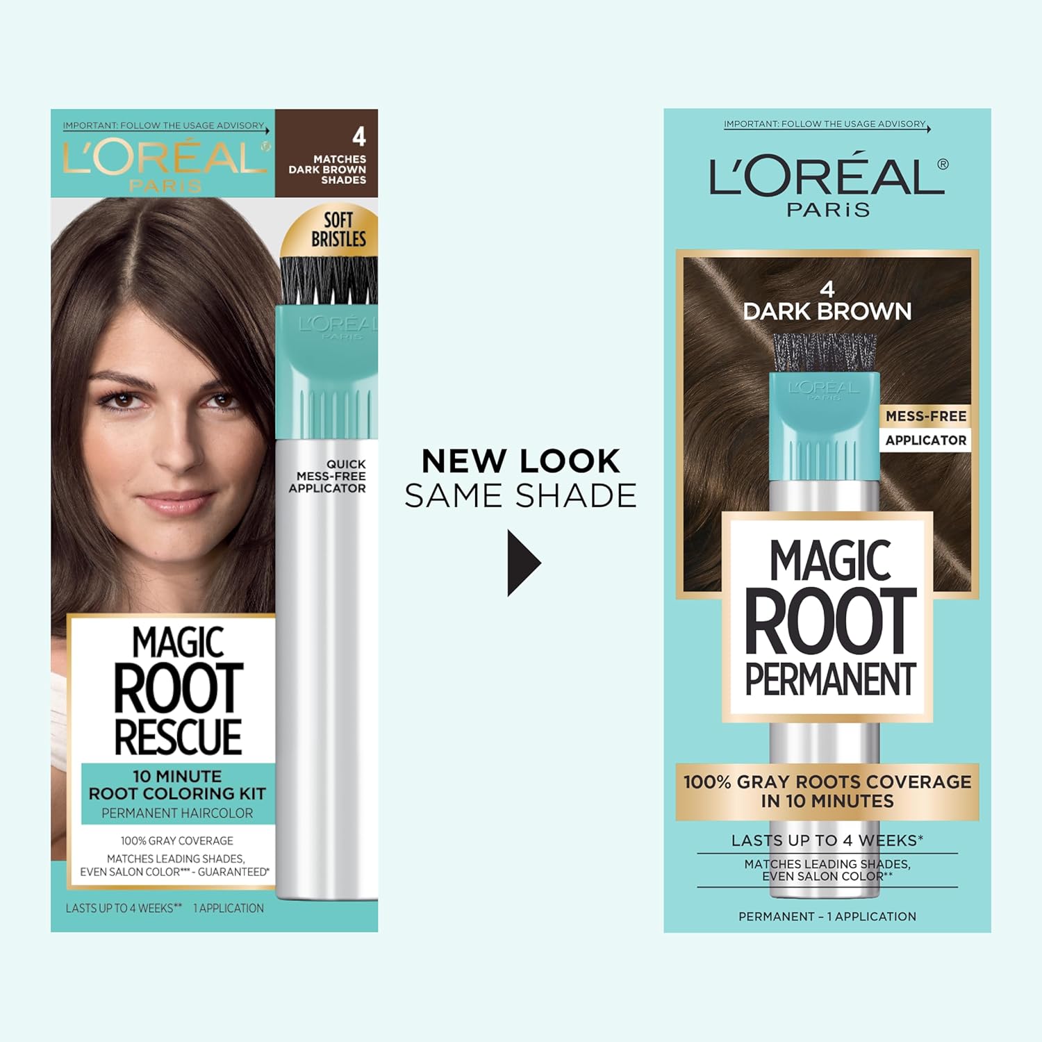 Highlights the product's ability to quickly and easily cover gray roots while matching the existing hair color, with a mess-free applicator.