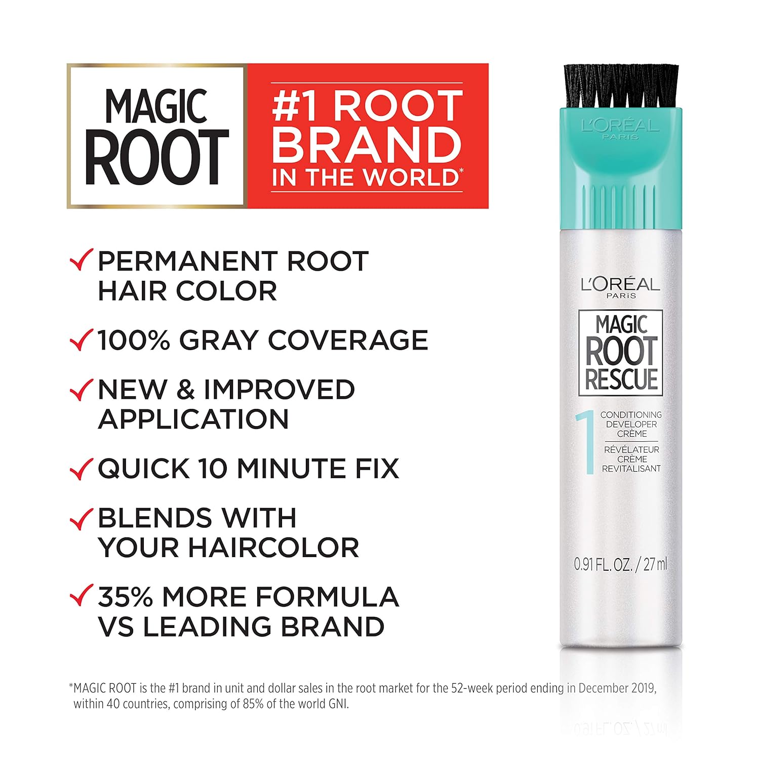 Highlights multiple key features and benefits of the root hair color product to convince shoppers it provides effective gray coverage and an easy, improved application process.