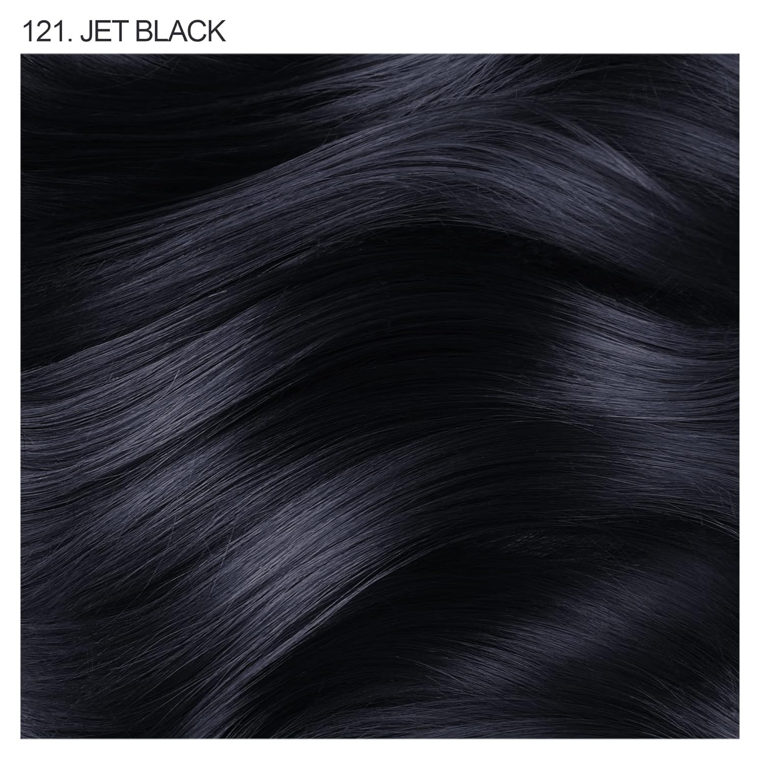 Showcases the rich, jet black shade of the hair color product.