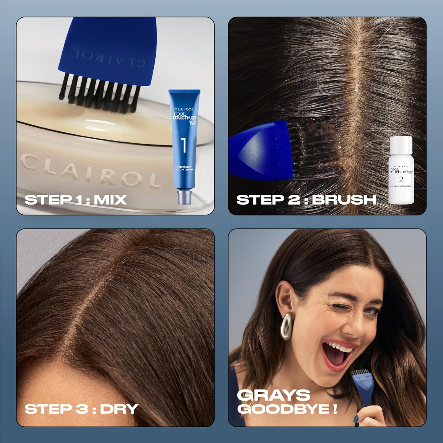 Explains the step-by-step process for using the root touch-up hair coloring product to cover grays.
