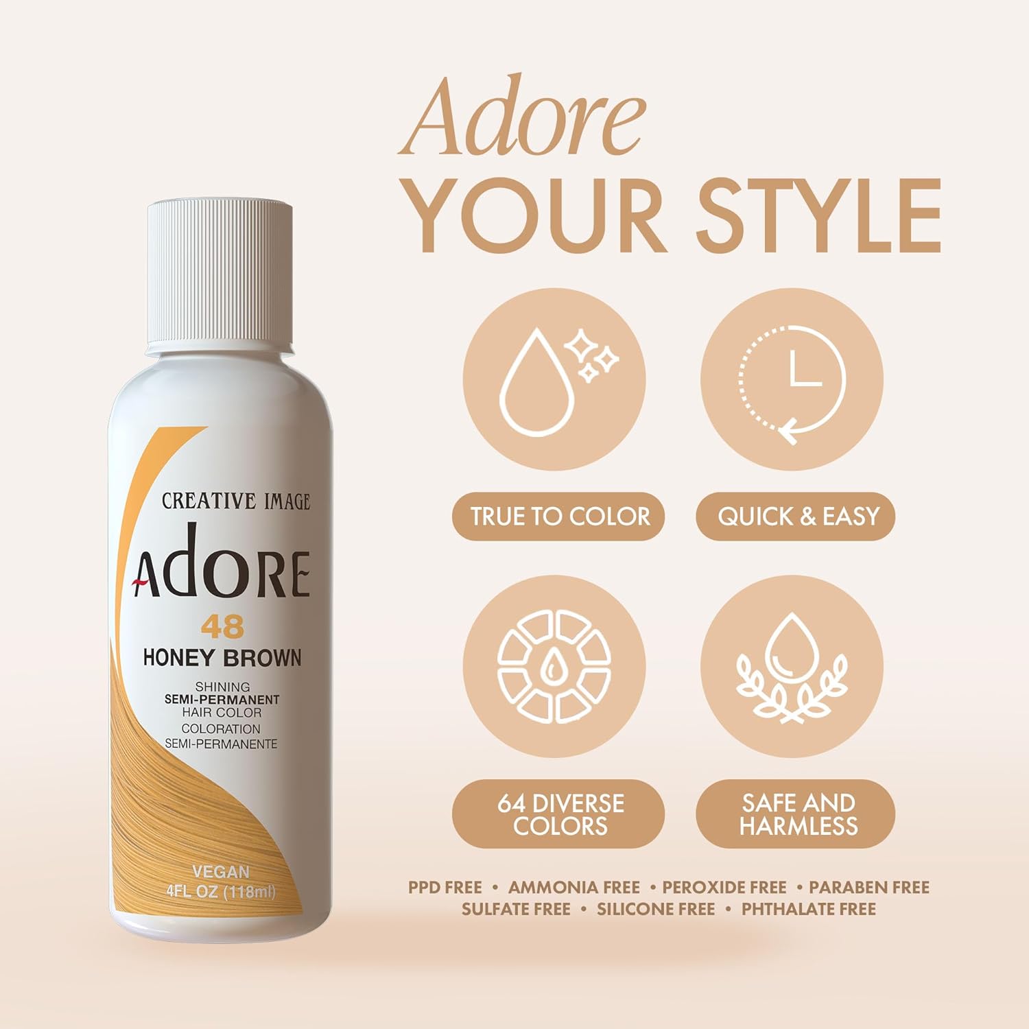 Highlights multiple key features and benefits of the hair color product, including accurate color results, ease of use, wide shade range, and safety from harmful ingredients.