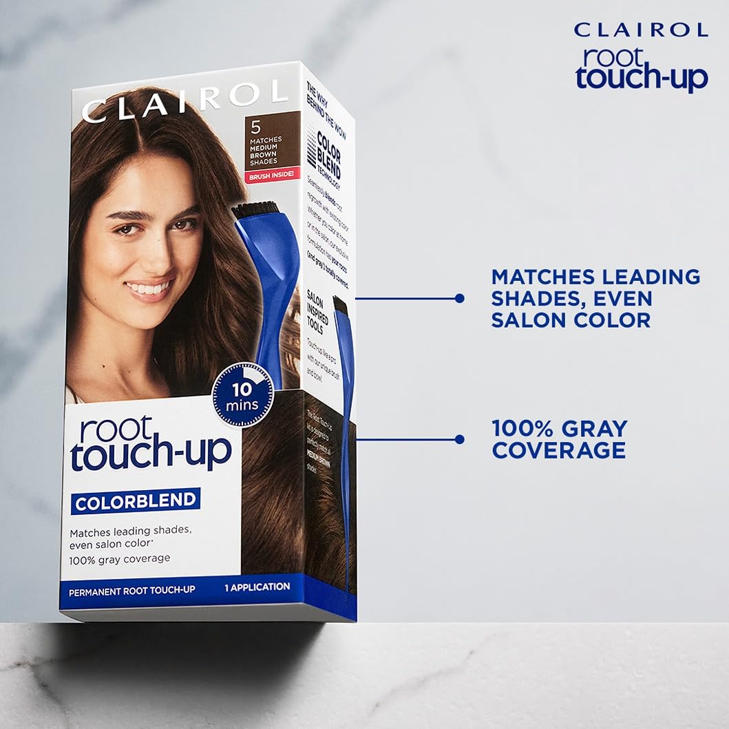 Highlights multiple key benefits of the root touch-up product - its ability to match salon hair colors, provide full gray coverage, and offer a quick 10-minute application.