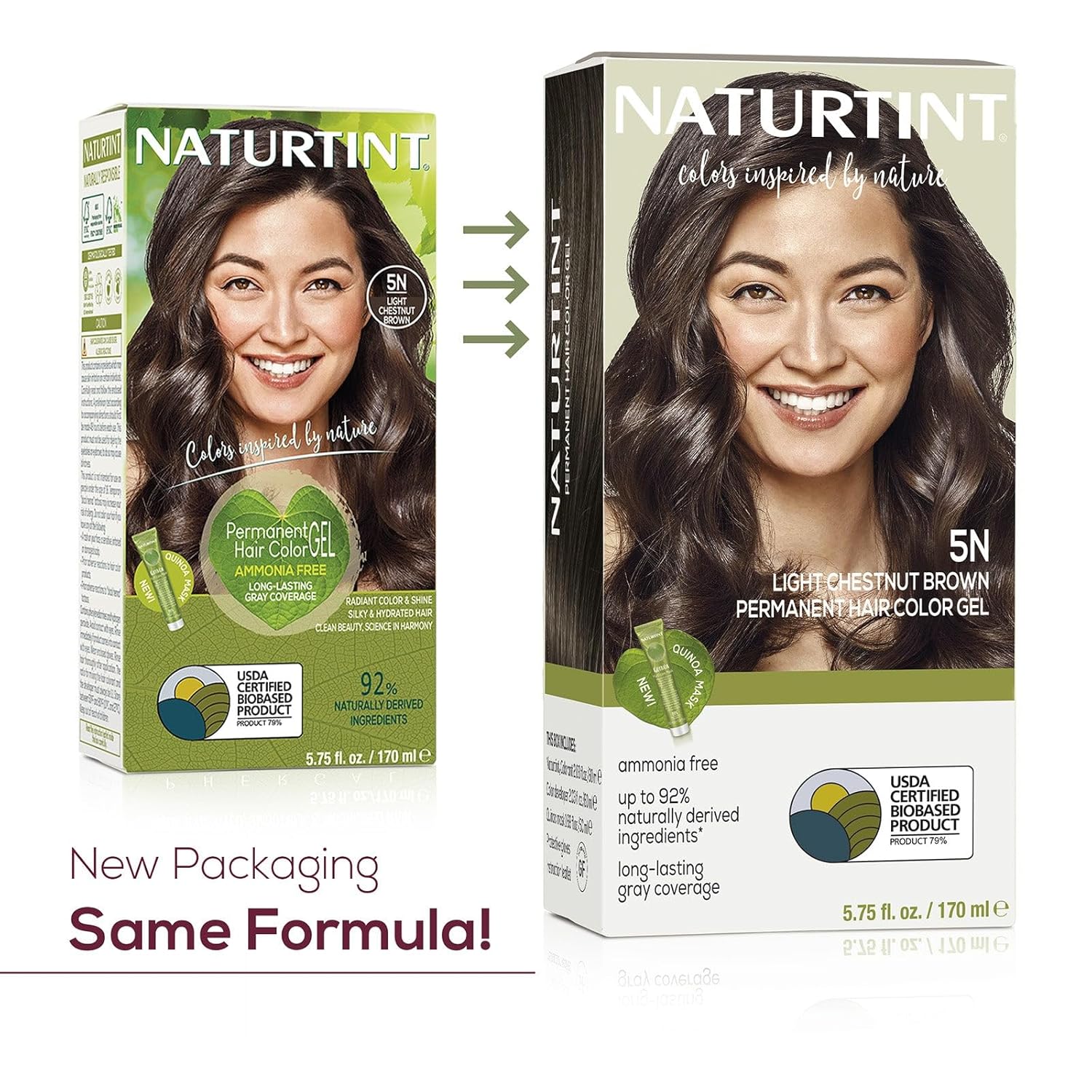 Highlights multiple key features and benefits of the hair color product, including being ammonia-free, using naturally derived ingredients, providing long-lasting gray coverage, and being USDA…