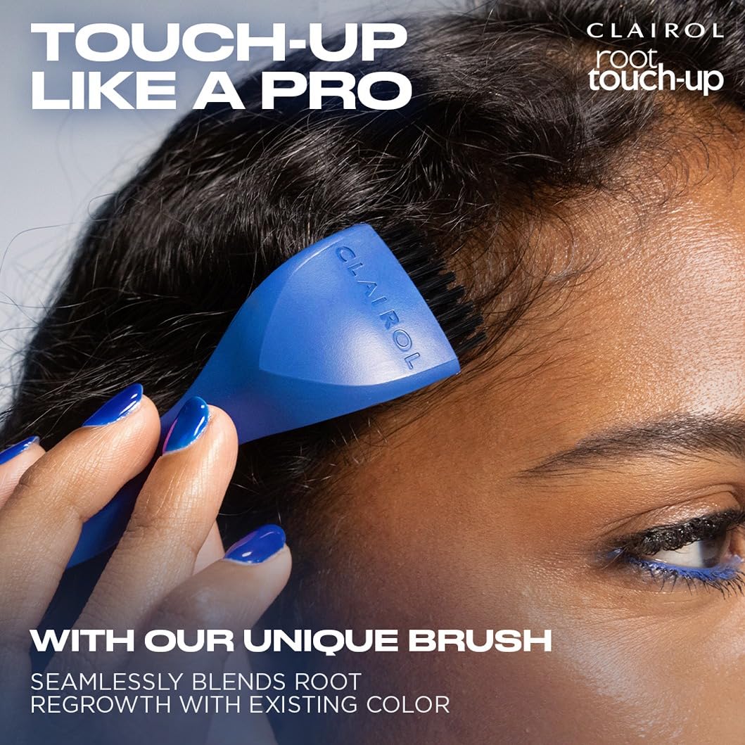 Highlights the product's unique brush design that seamlessly blends root regrowth with existing hair color for a professional touch-up.