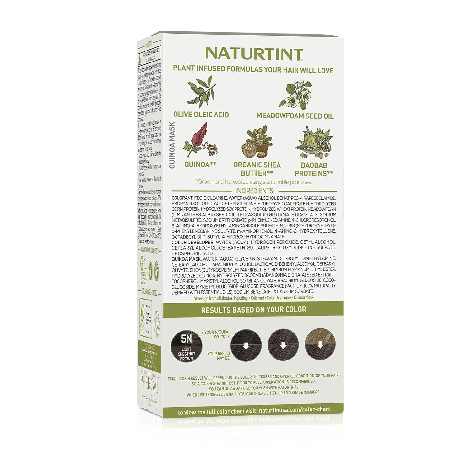 Shows the natural, plant-based ingredients included in the hair color product and the expected color results to inform customers about what they are receiving.