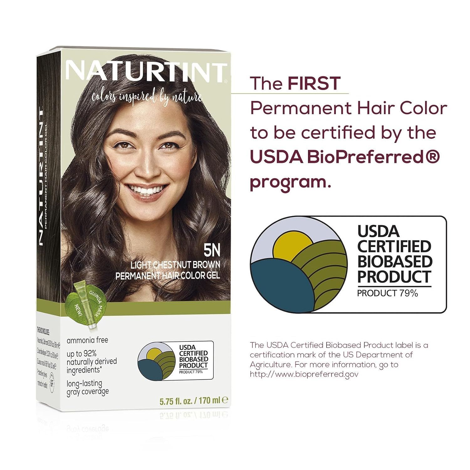 Highlights that the hair color is certified by the USDA BioPreferred program, reassuring customers that it is a safe and natural product.