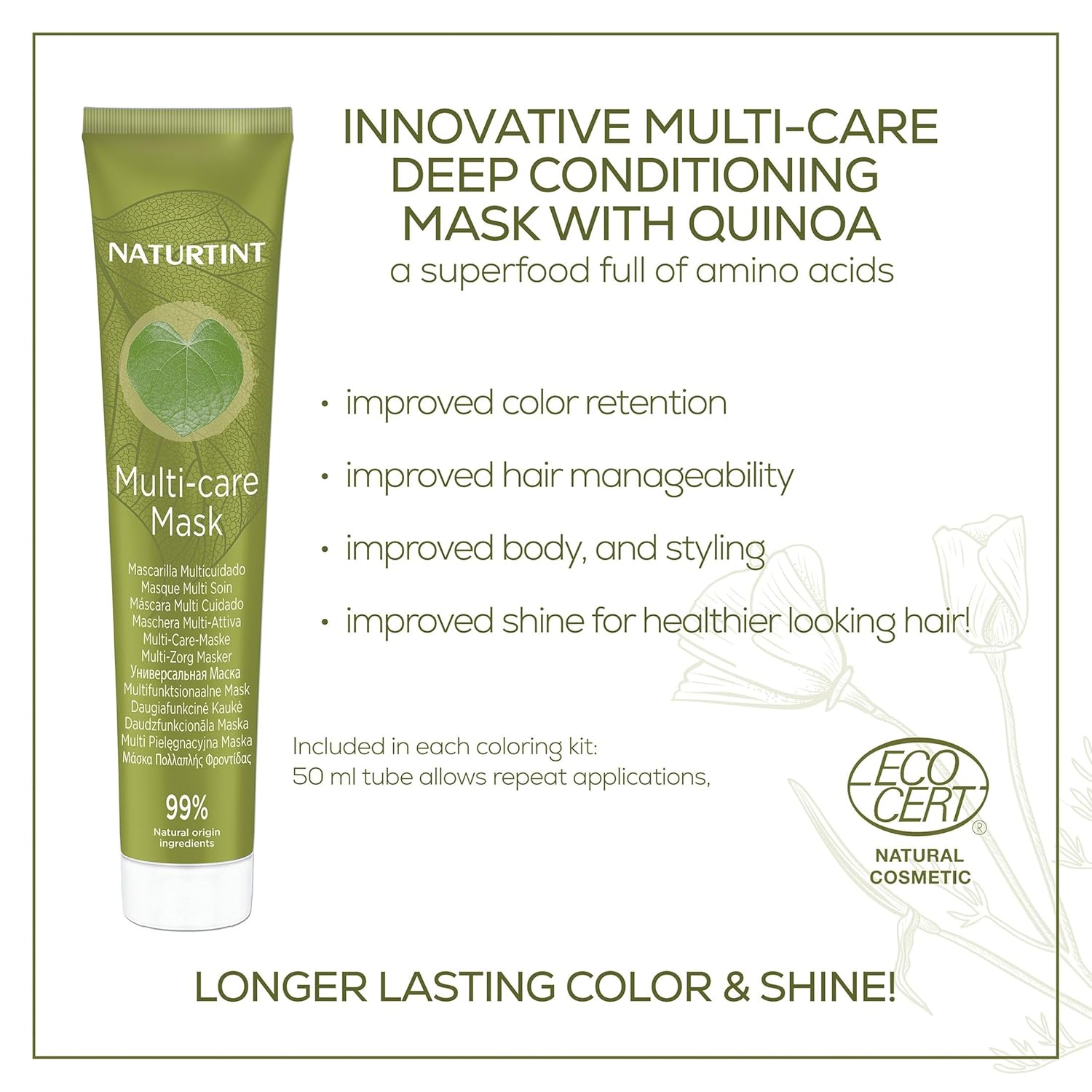 Highlights the multiple benefits of using this deep conditioning hair mask with quinoa, such as improved color retention, manageability, body, styling, and shine for healthier looking hair.