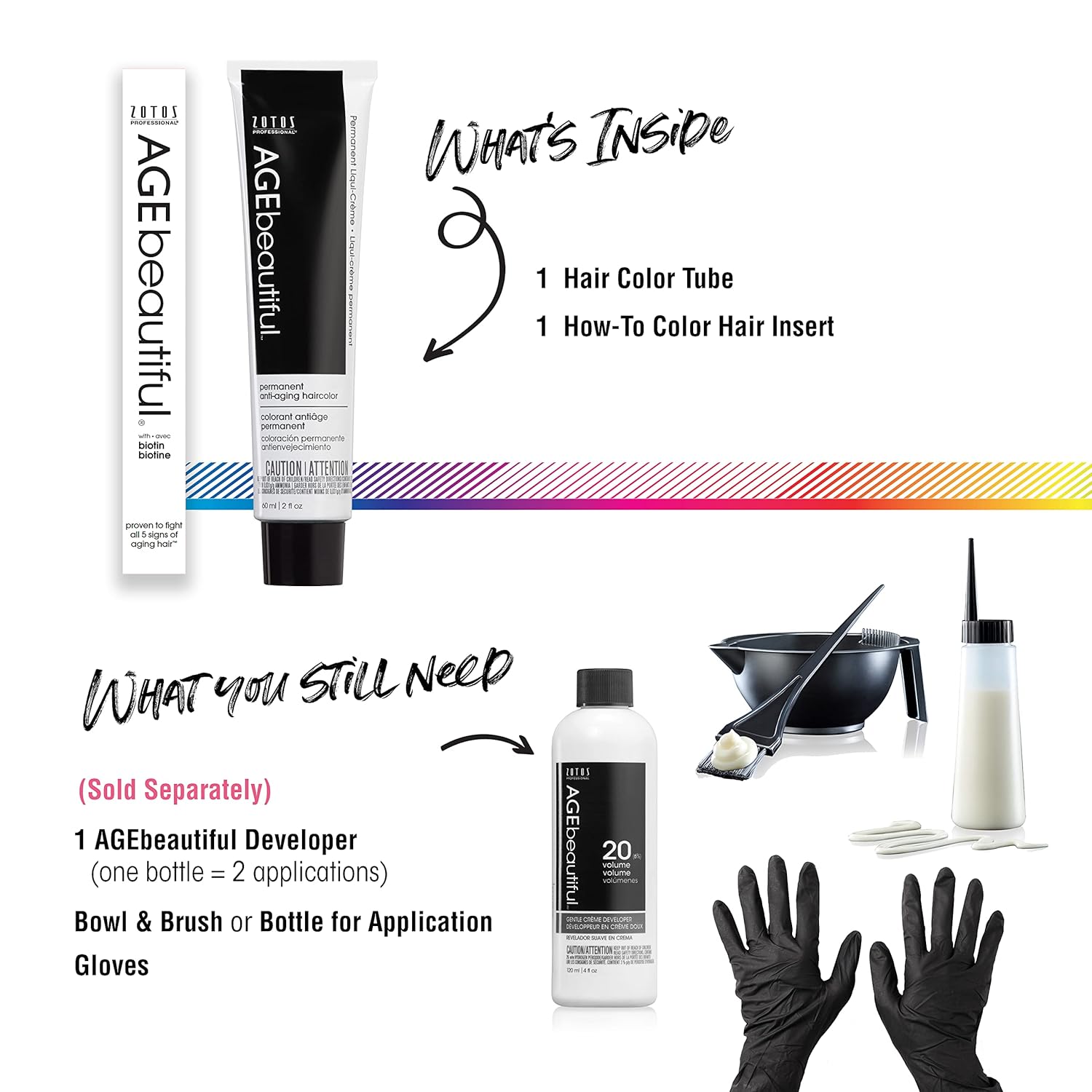 Shows all the items included with the hair color product as well as additional items needed for application to ensure the customer has everything required.