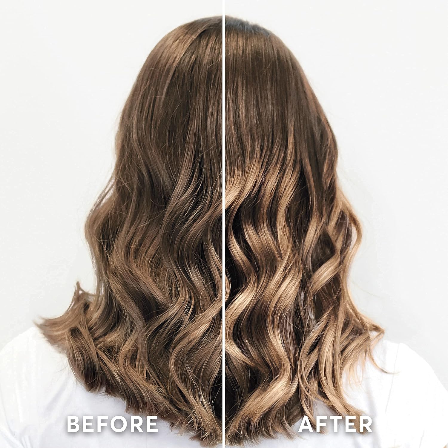 Visually demonstrates the transformation achieved by using the hair coloring or highlighting product.