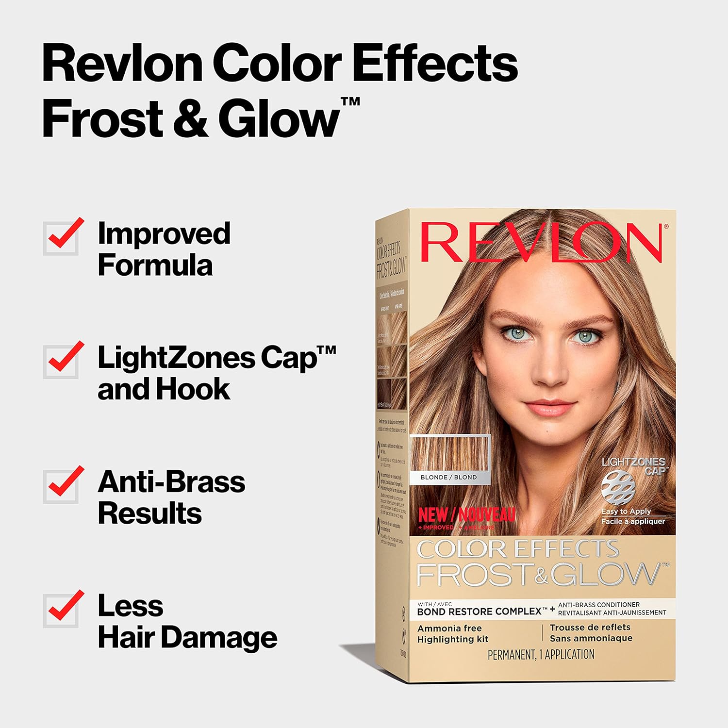 Highlights multiple key features and benefits of the hair color product to showcase its improved performance and results.