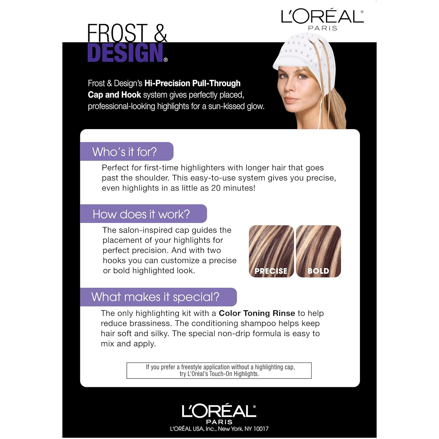Explains how to use the highlighting kit and its cap and hook system to achieve precise, professional-looking highlights at home.