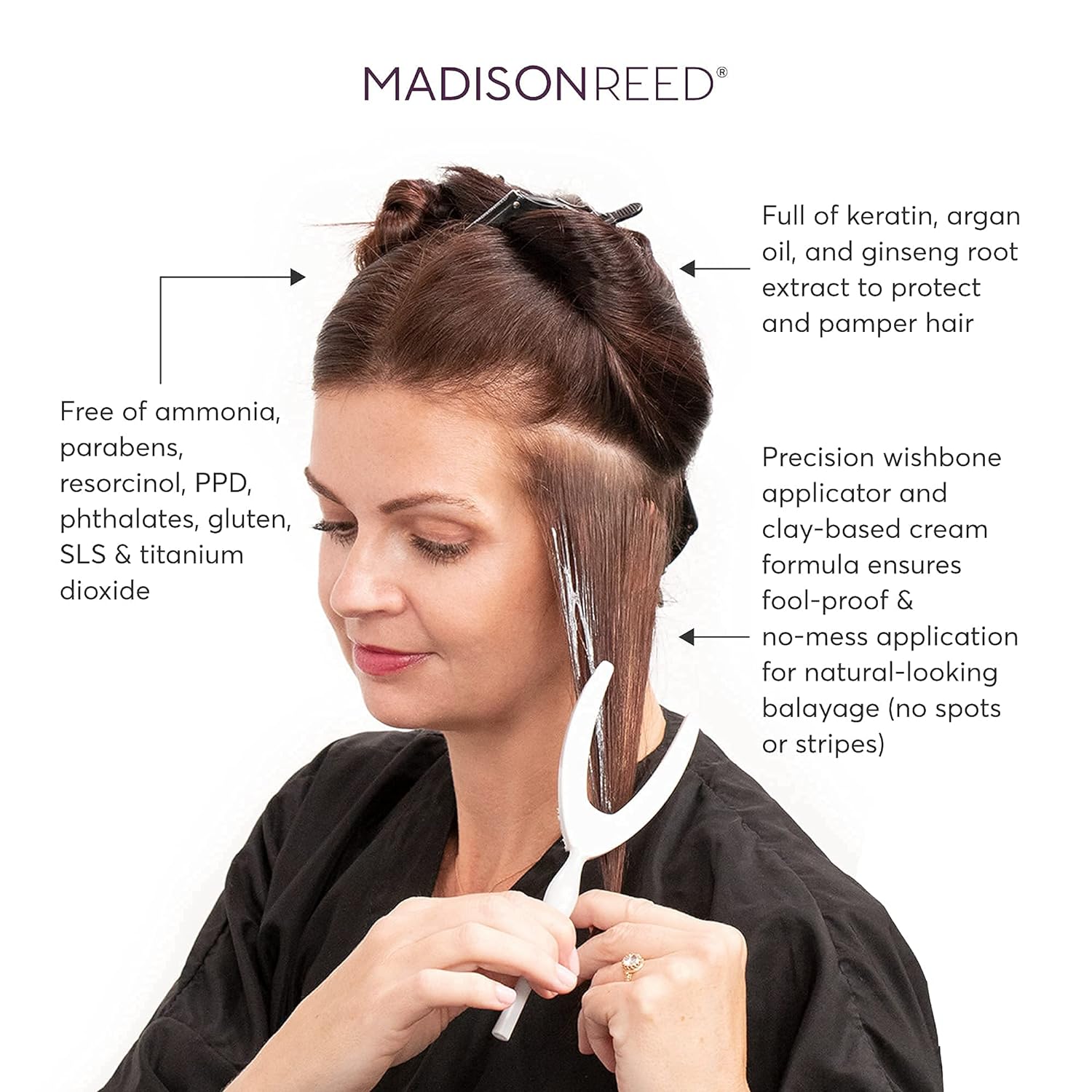 Highlights multiple features and benefits of the hair coloring product, including its nourishing natural ingredients, lack of harsh chemicals, easy no-mess application, and ability to deliver…