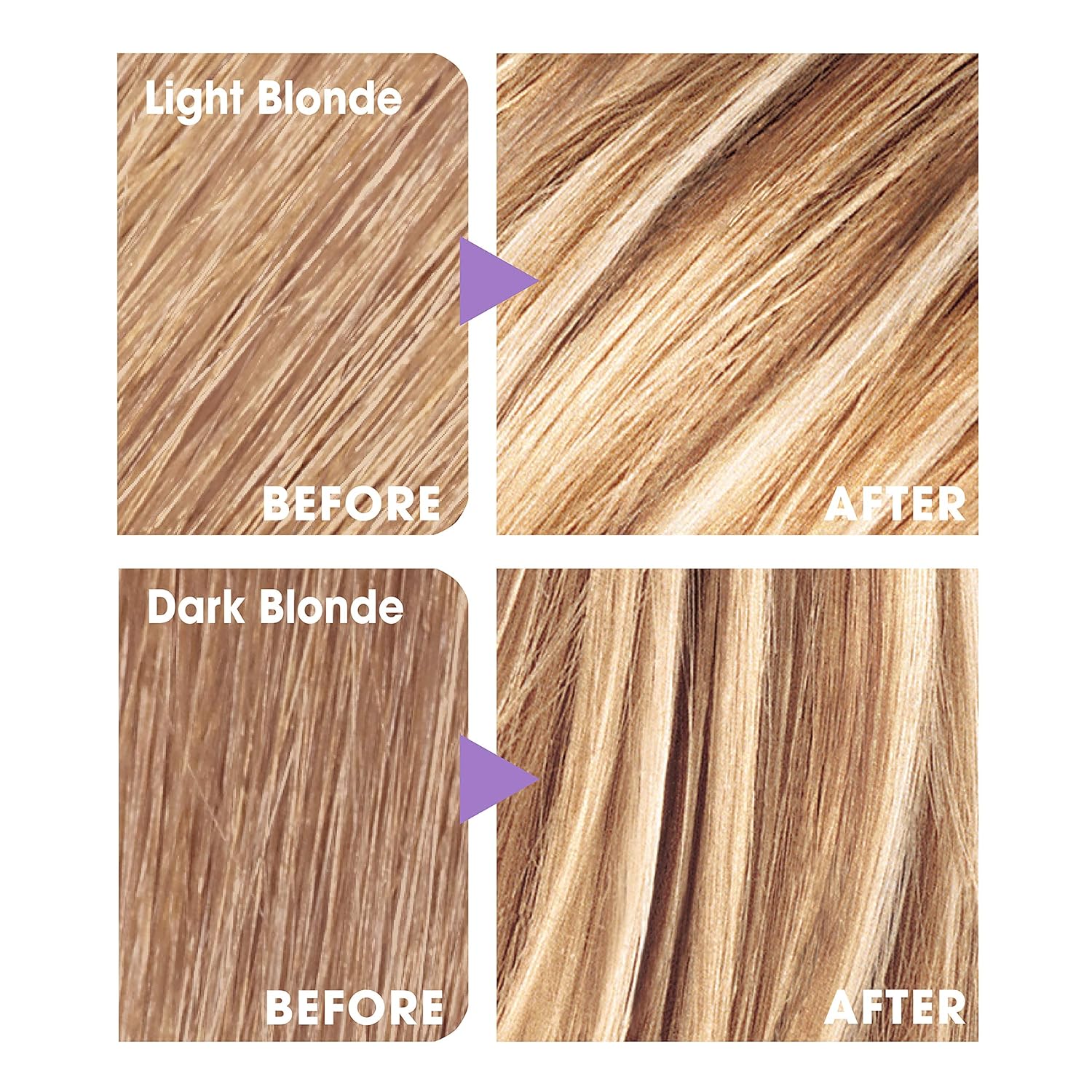 Visually demonstrates the product's ability to lighten and brighten hair color by showing before and after examples.