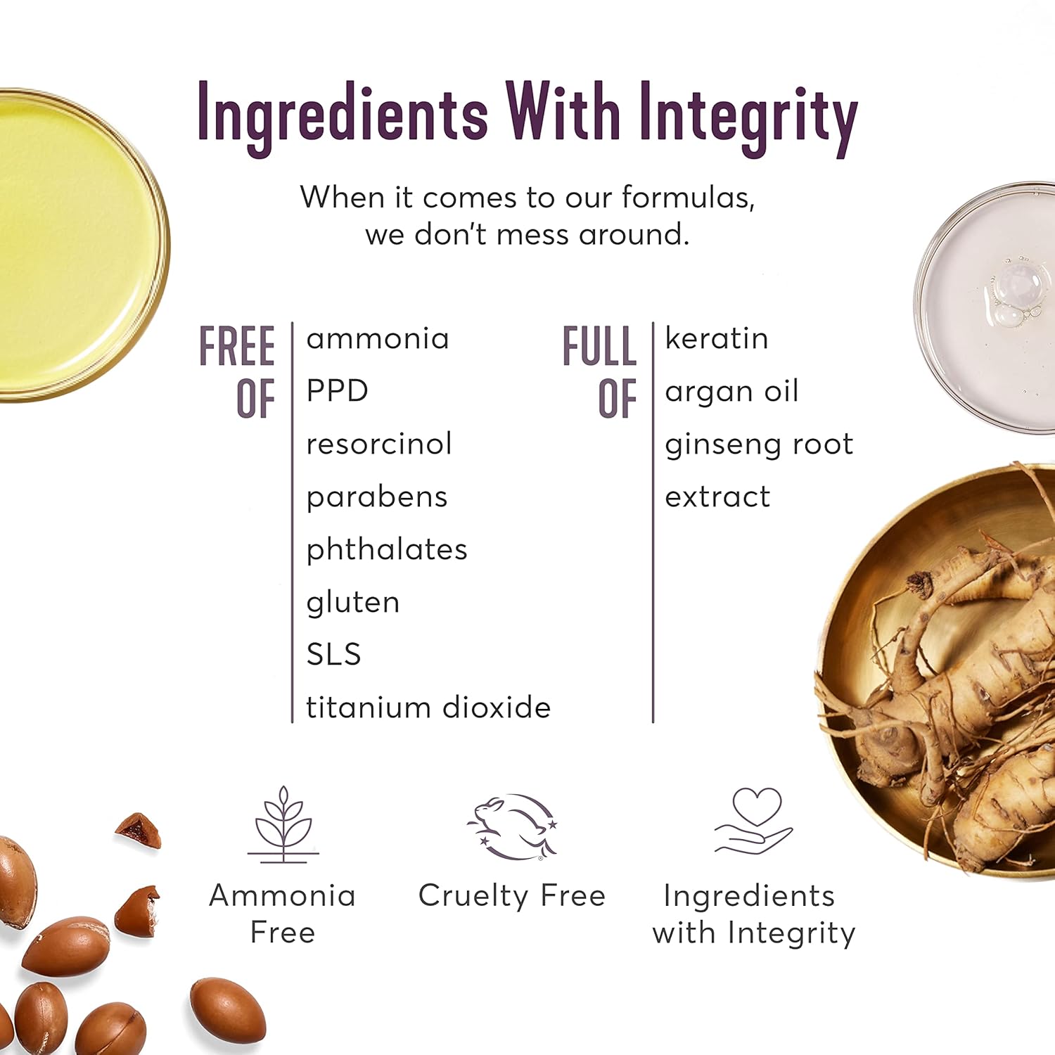 Highlights the product's clean, safe formula by listing the harsh chemicals it excludes as well as the nourishing, natural ingredients it contains.