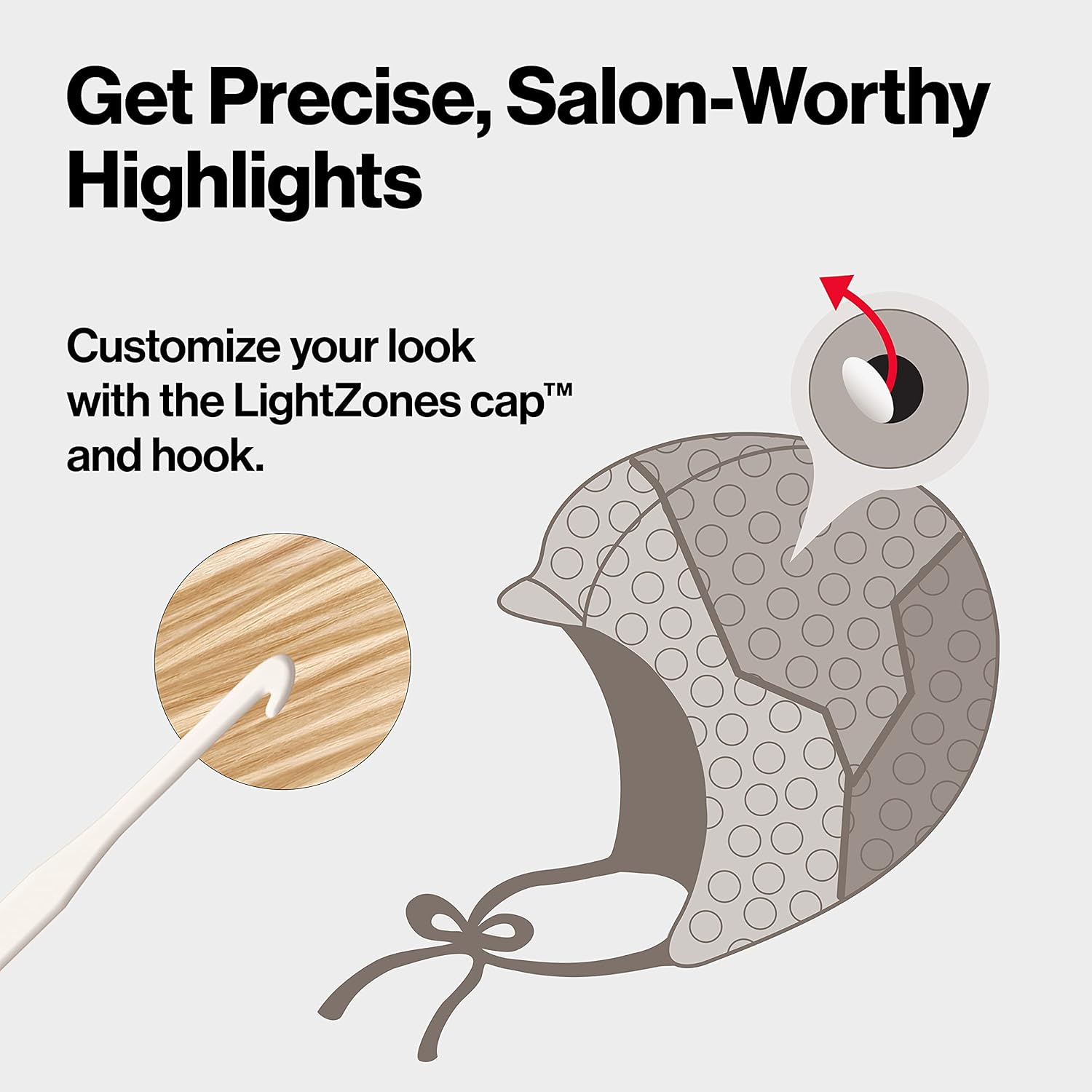 Highlights the product's ability to create precise, salon-worthy highlights through its customizable LightZones cap and hook system.