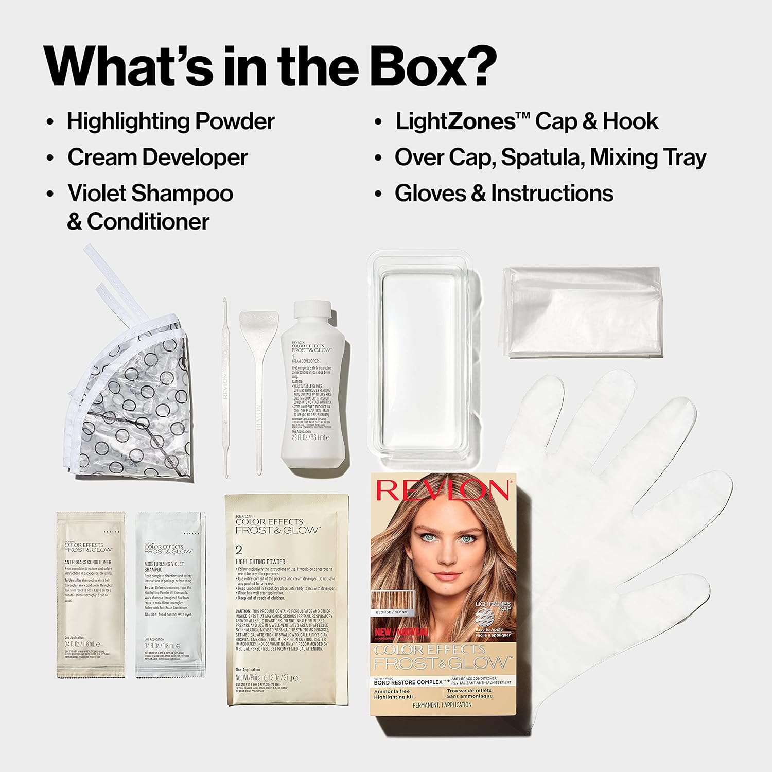 Shows all the items included in the hair coloring kit so customers know exactly what they are getting.