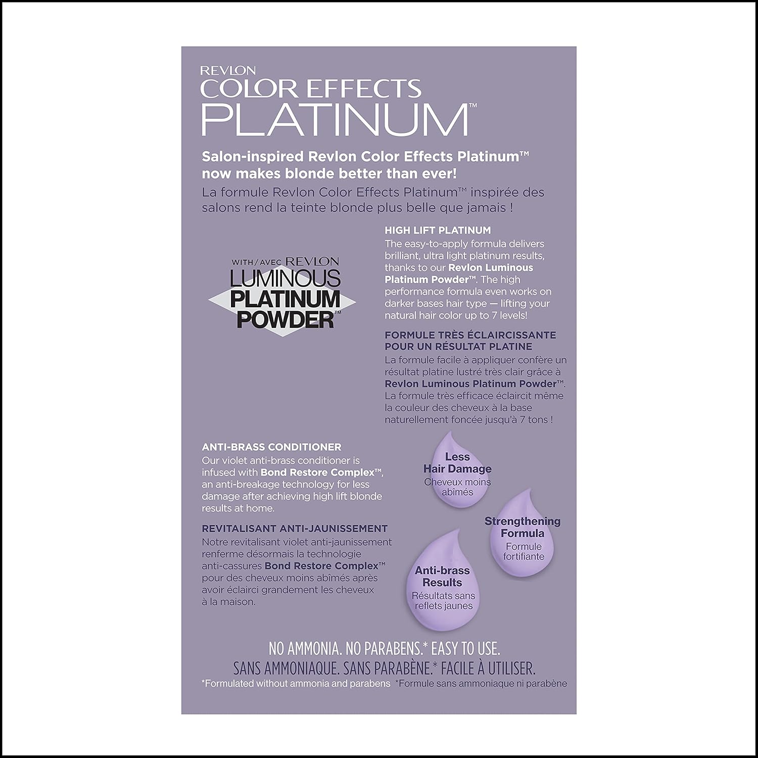 Highlights multiple key features and benefits of the hair color product, including its platinum color results, anti-brass conditioning, hair strengthening, and reduced damage.