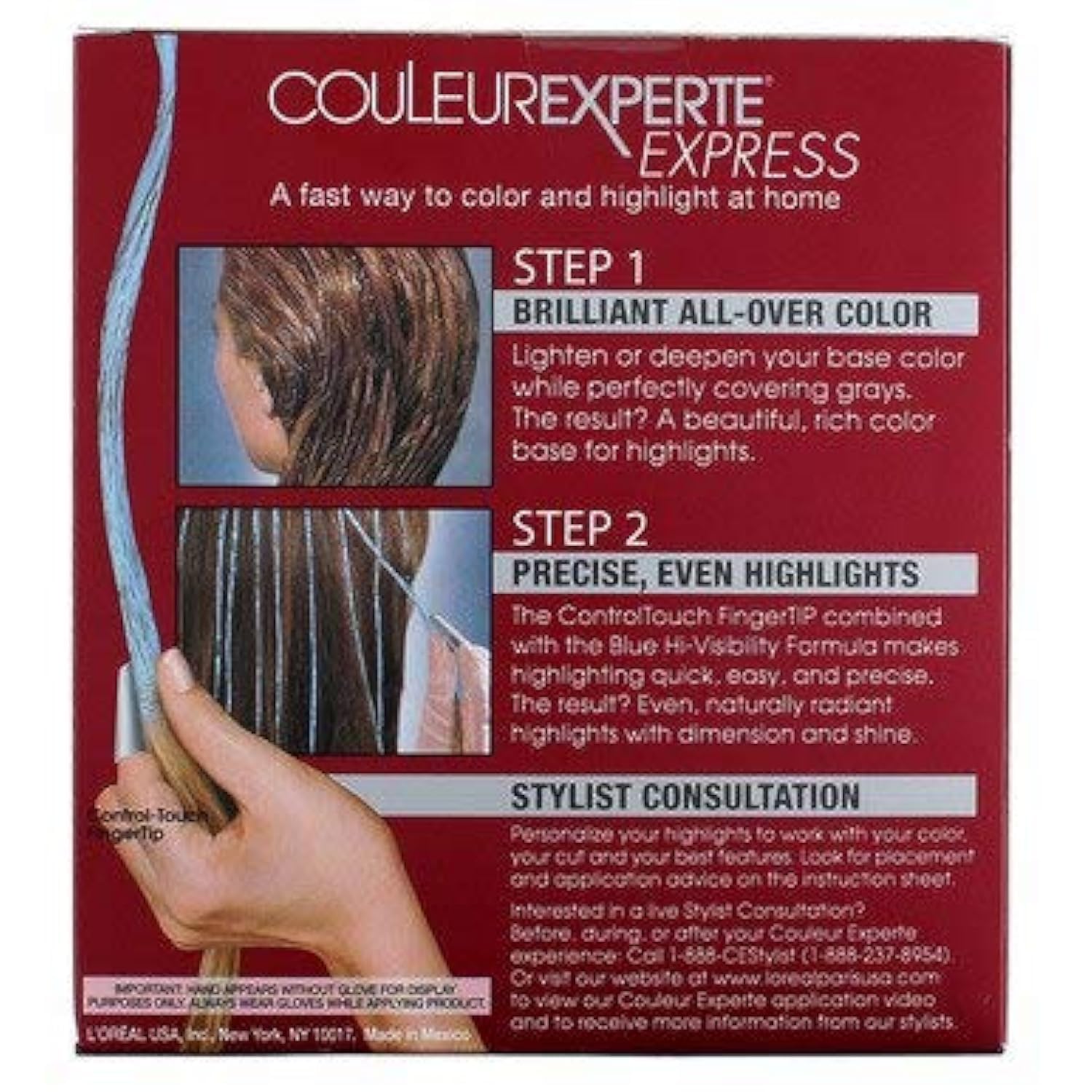 Explains the two-step process for using the product to color and highlight hair at home.