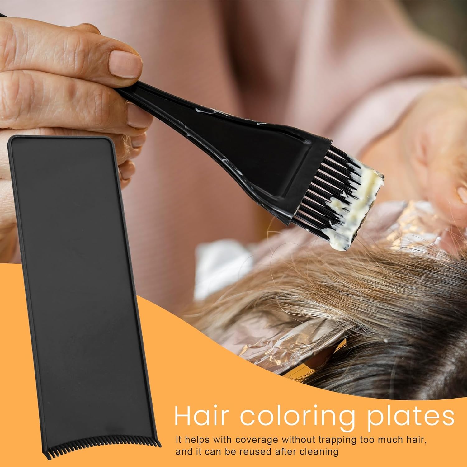 Highlights the hair coloring plate's ability to provide full coverage without trapping too much hair, and that it can be reused after cleaning.