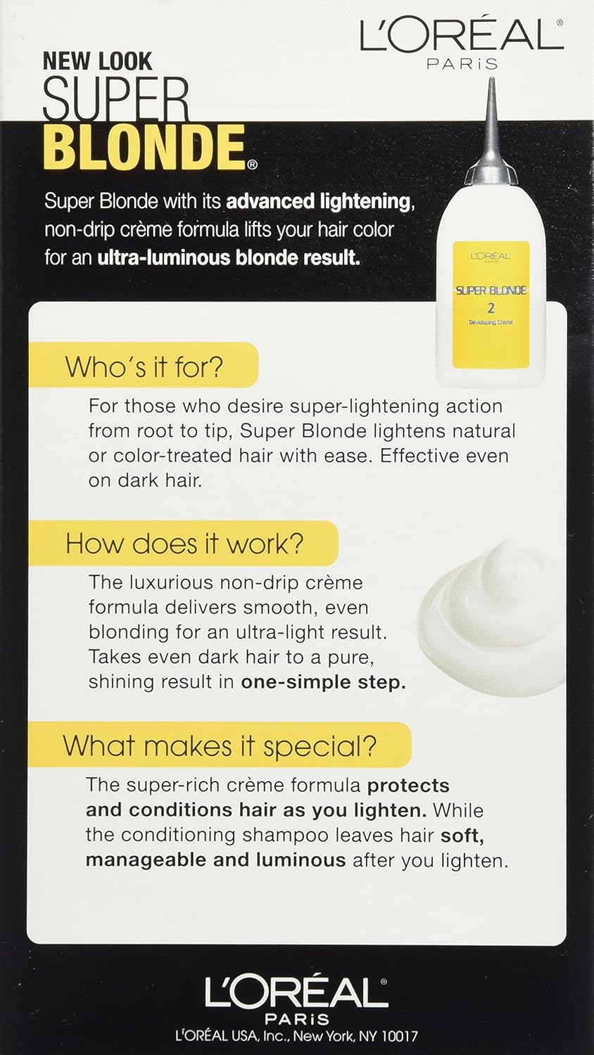 Explains how the product works to lighten hair, including its non-drip creme formula and ability to achieve an ultra-luminous blonde result, even on dark hair.