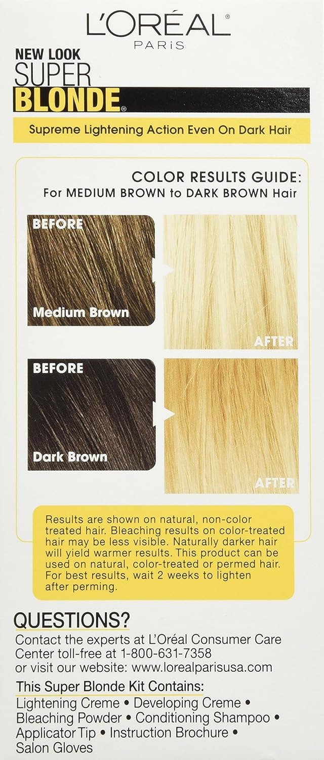 Visually demonstrates the lightening effect of the hair color product by showing before and after examples for medium brown and dark brown hair.