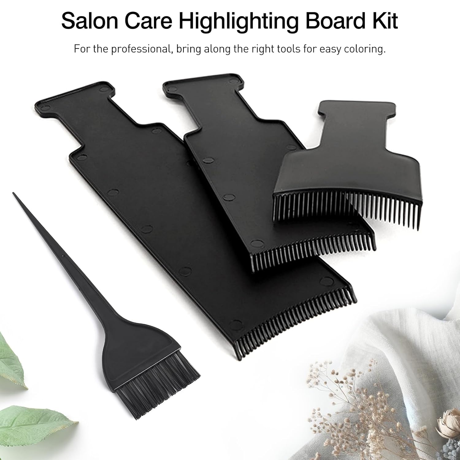 Shows the different tools and accessories included in the salon highlighting kit for easy coloring.