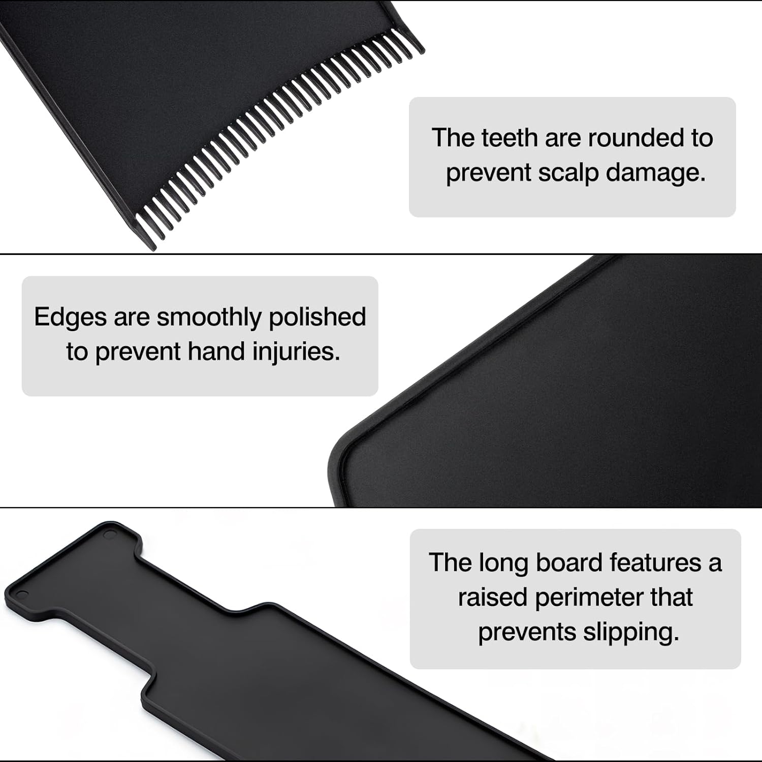 Highlights the product's safety features like rounded teeth to prevent scalp damage, polished edges to prevent hand injuries, and a raised perimeter to prevent slipping.