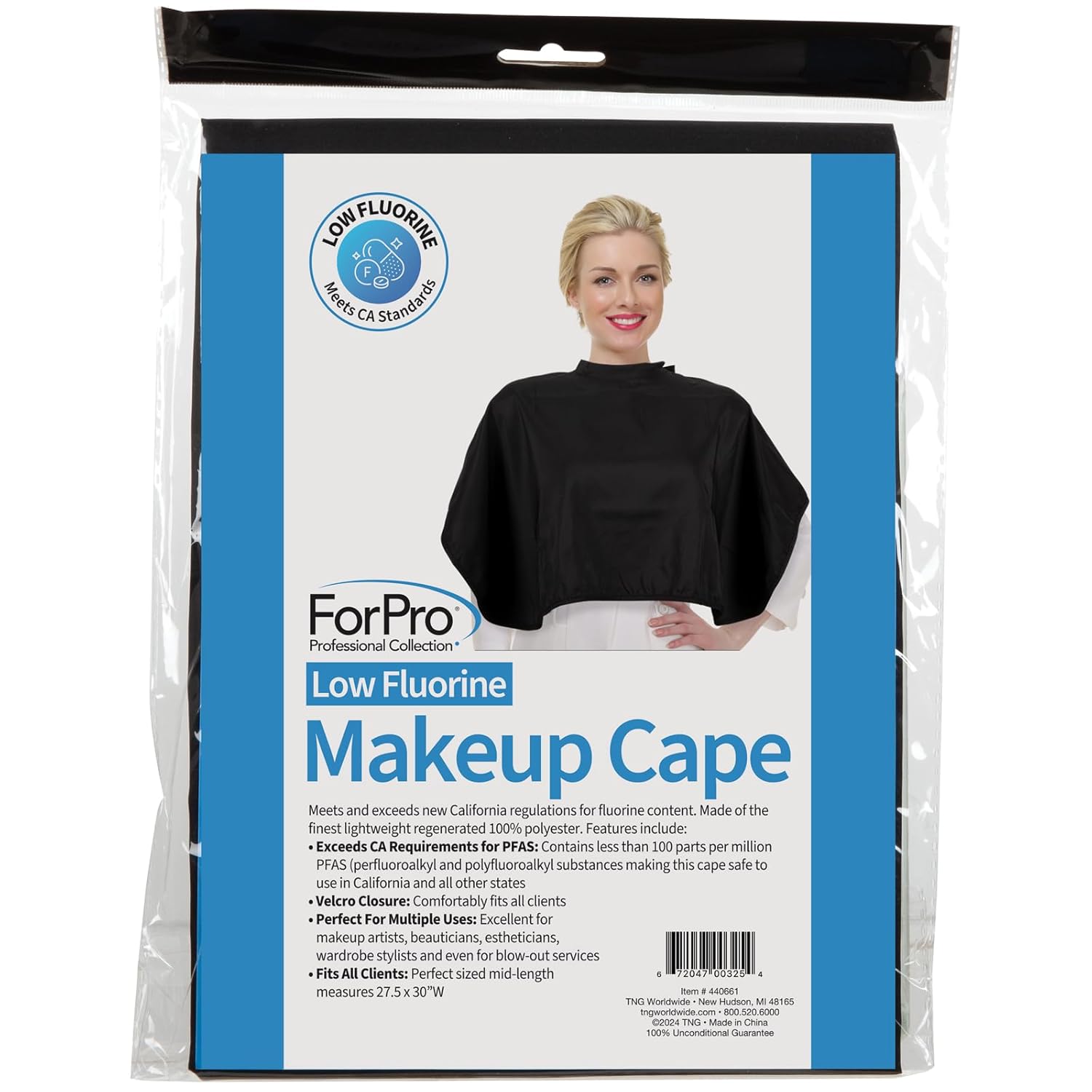 Highlights that the makeup cape meets safety standards for low fluorine content, reassuring customers that it complies with California regulations.