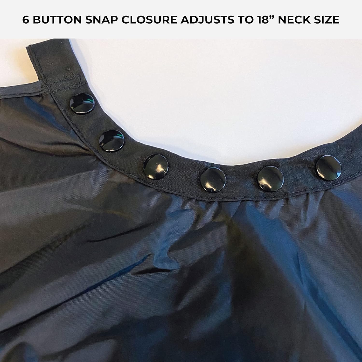 Highlights the adjustable snap closure that allows the neck size to expand up to 18 inches, showcasing the product's versatility in fit.