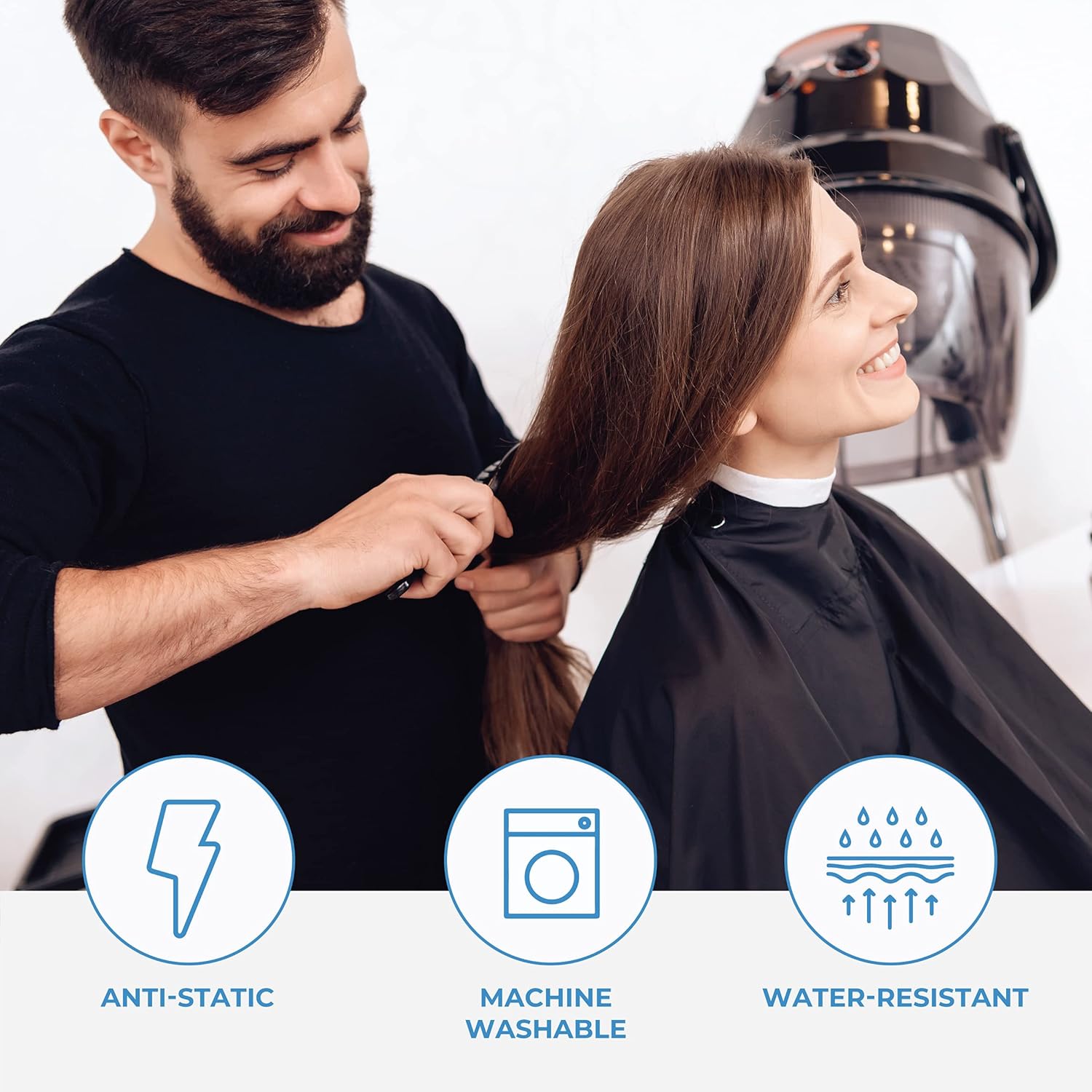 Highlights multiple key features of the product - anti-static, machine washable, and water-resistant - to demonstrate its practical benefits.