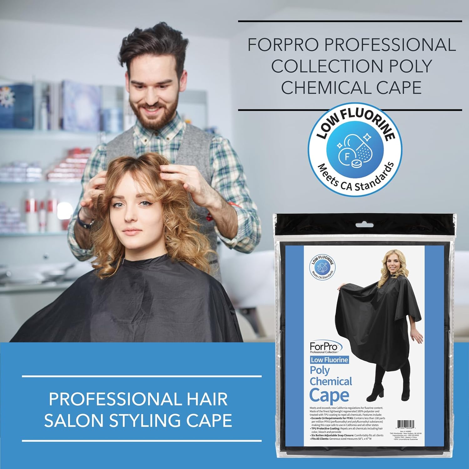 Highlights that the hair salon cape meets safety standards for low fluorine content, reassuring customers of its safety for professional use.