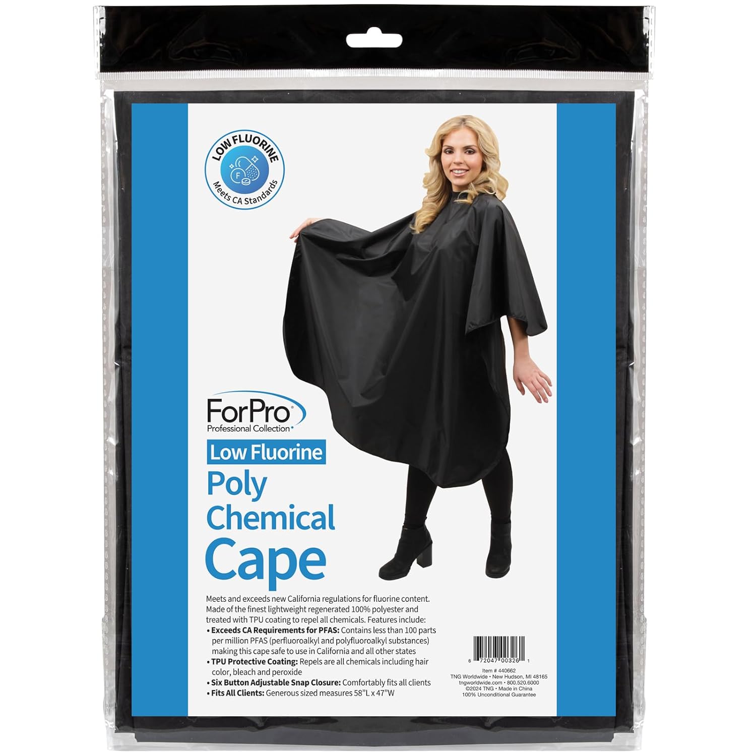 Highlights the cape's low fluorine content and protective coating against chemicals, reassuring customers of its safety and compliance with regulations.