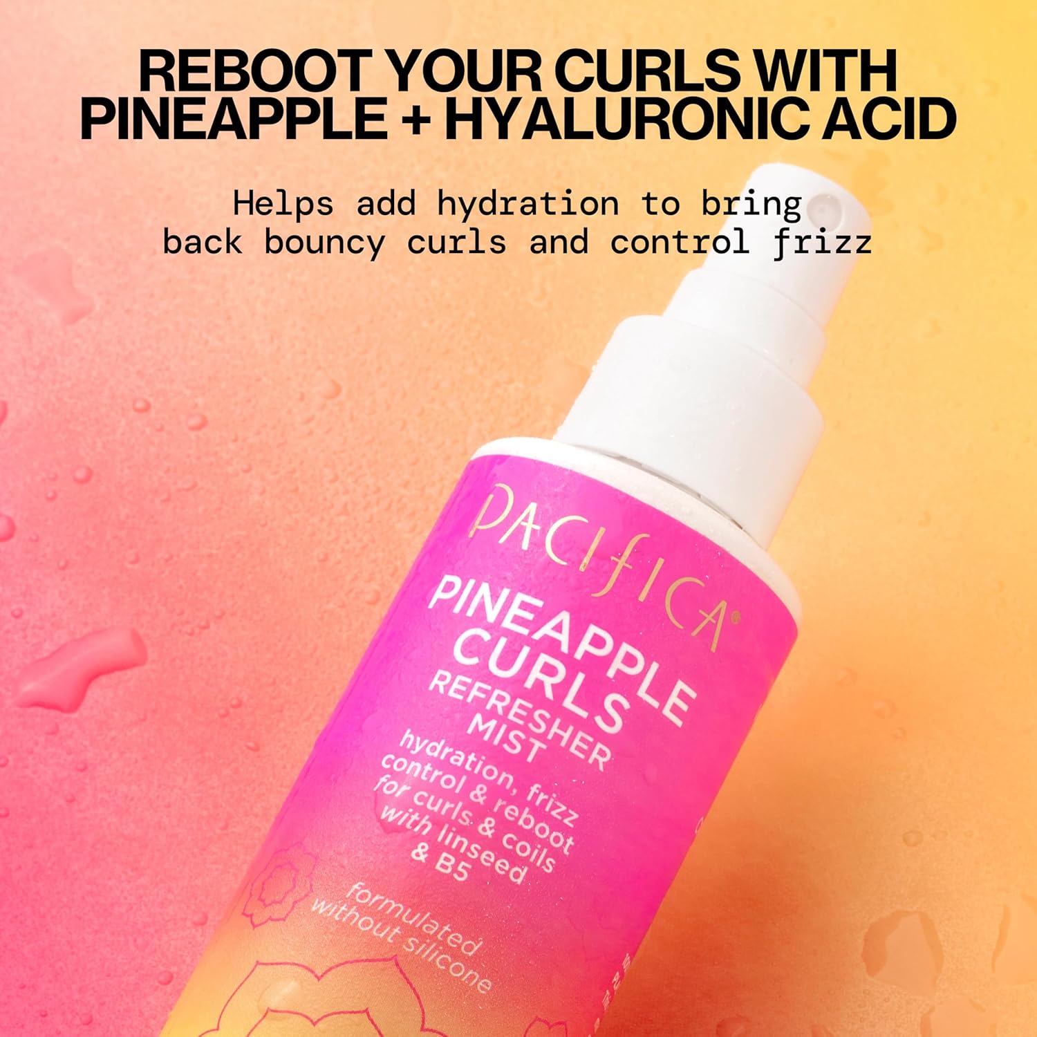 Highlights the key benefit of hydrating and reviving curls while controlling frizz using pineapple and hyaluronic acid ingredients.