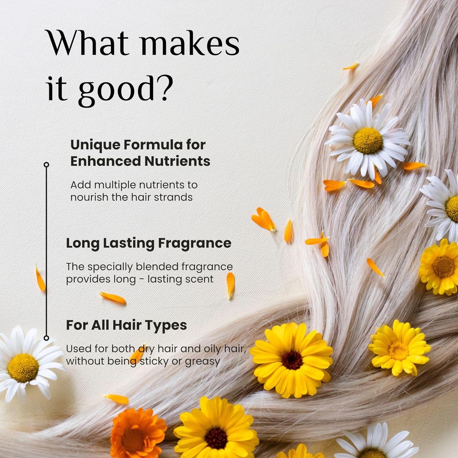 Highlights multiple key features and benefits of the product, including nutrient-rich formula, long-lasting scent, and versatility for different hair types.
