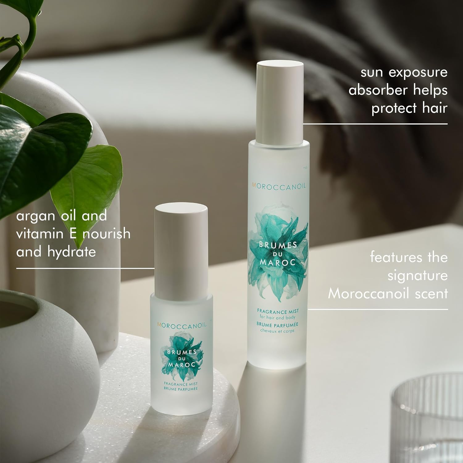 Highlights multiple benefits of the hair and body mist, including sun protection, nourishing argan oil and vitamin E, and the signature Moroccanoil scent.