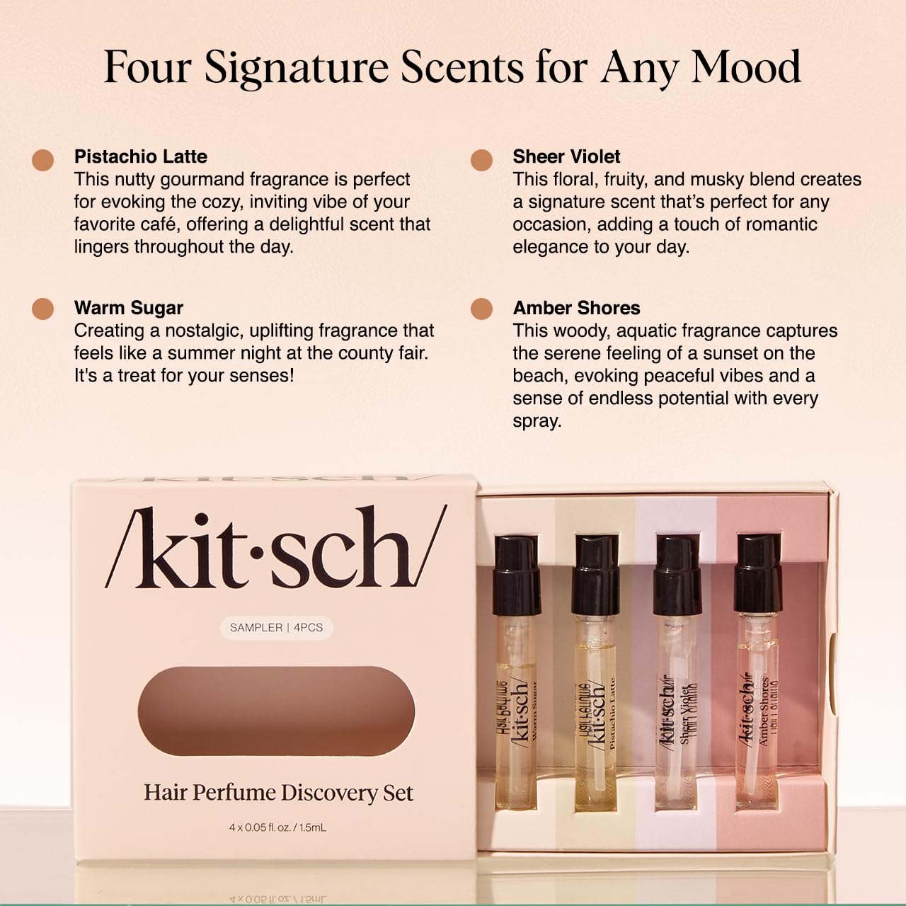 Shows the different fragrances included in the hair perfume discovery set, allowing customers to see the variety of scents they will receive.