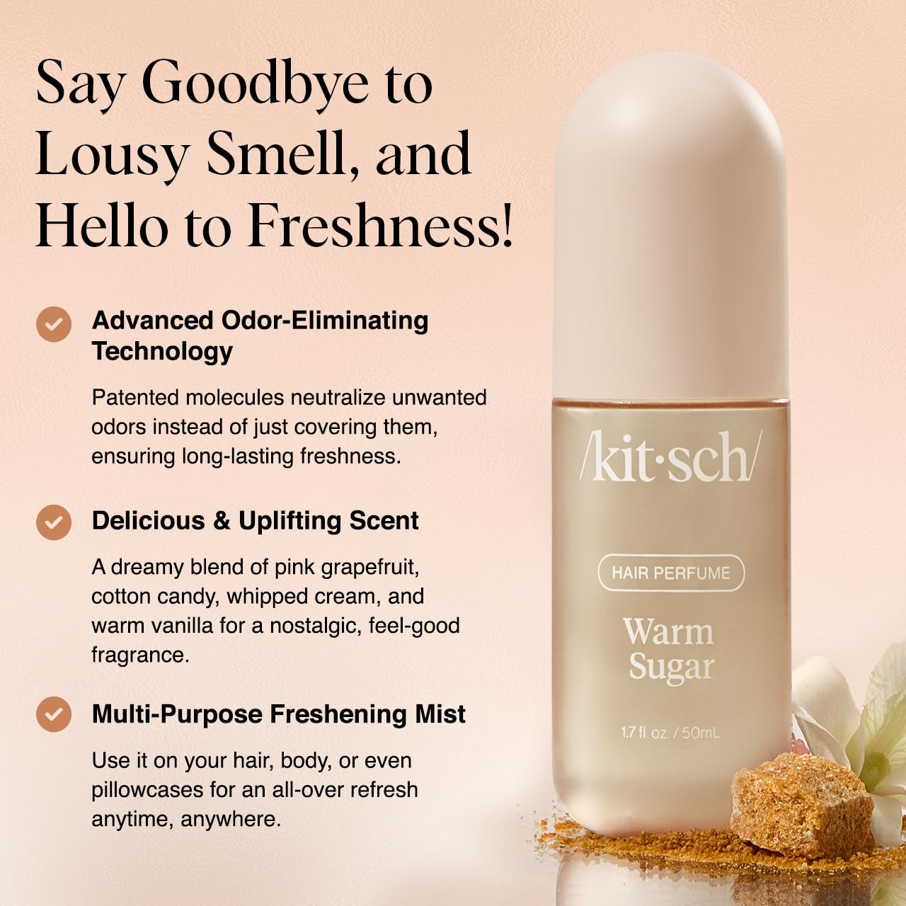 Highlights the product's key features of eliminating odors, providing a pleasant fragrance, and versatile use for freshening hair, body, and fabrics.