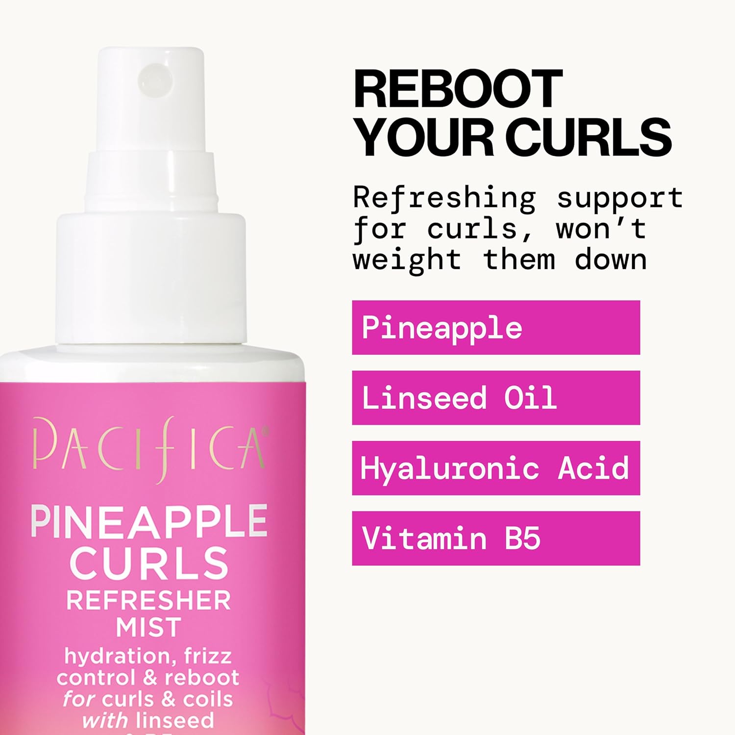 Highlights multiple key ingredients and benefits of the curl refresher mist, including hydration, frizz control, and curl reviving properties.
