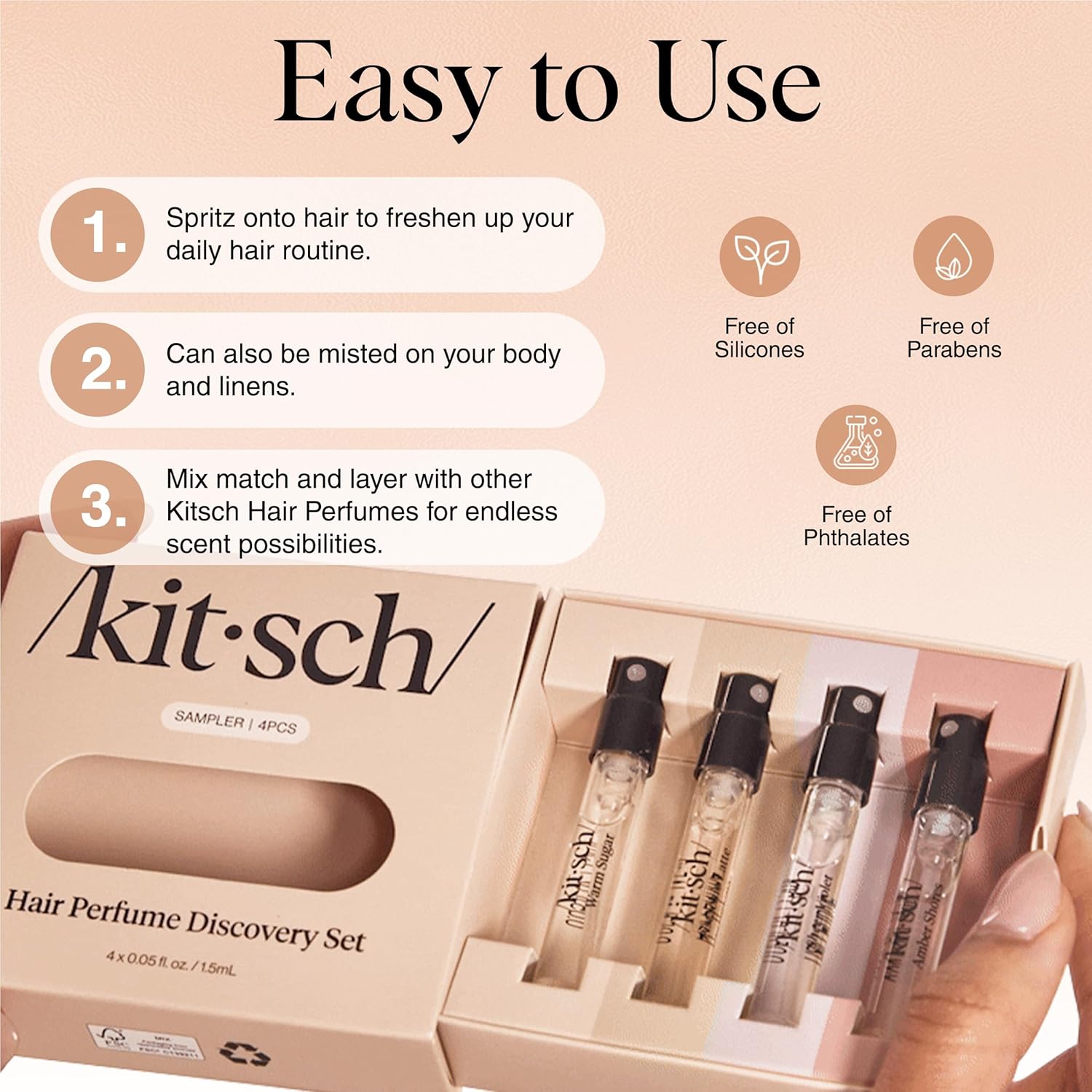 Explains how to use the hair perfume product in different ways, such as spritzing on hair, misting on body and linens, and layering with other scents.